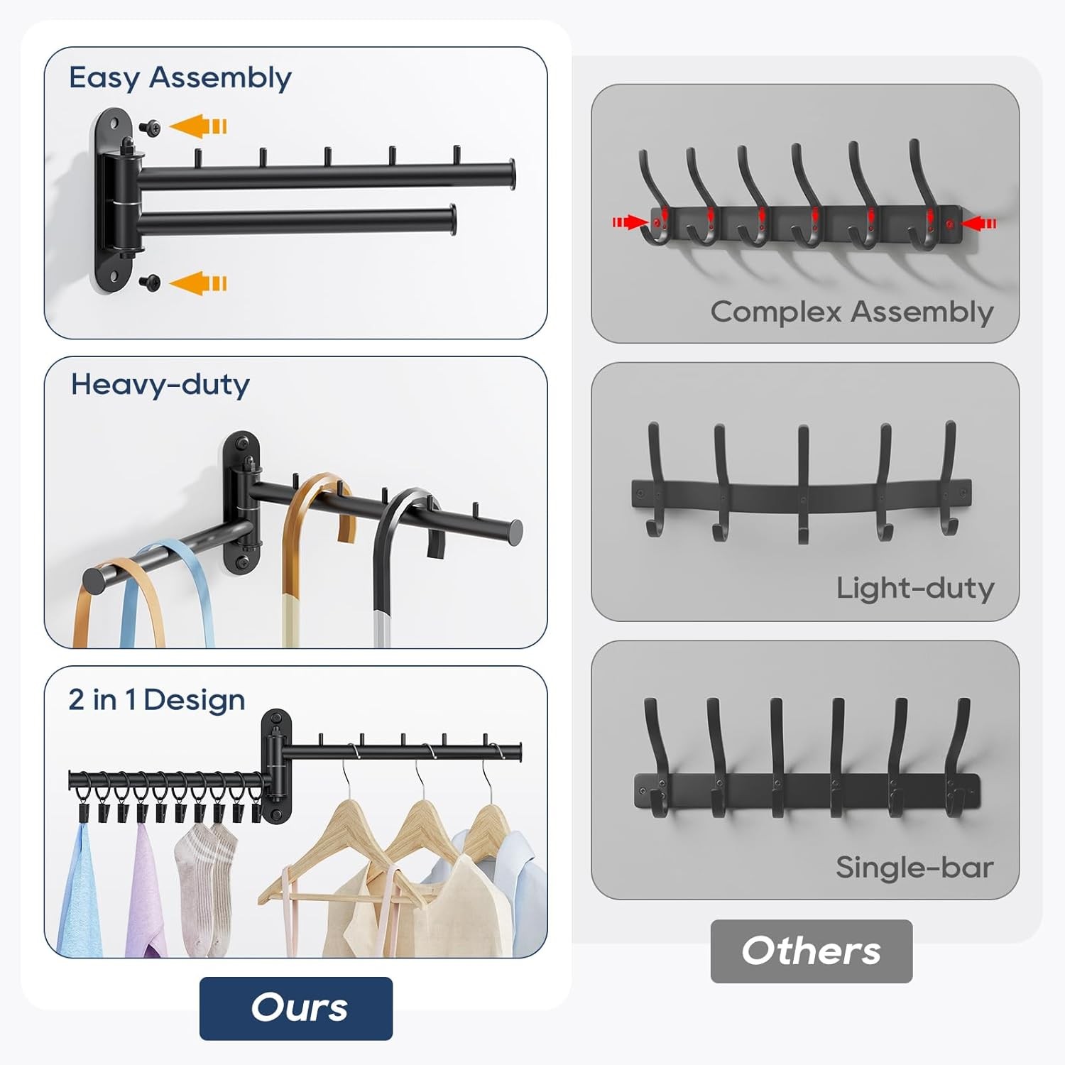 Wall Mounted Drying Rack, 2-Tier Laundry Drying Rack with Swing Arm, Space-Savin