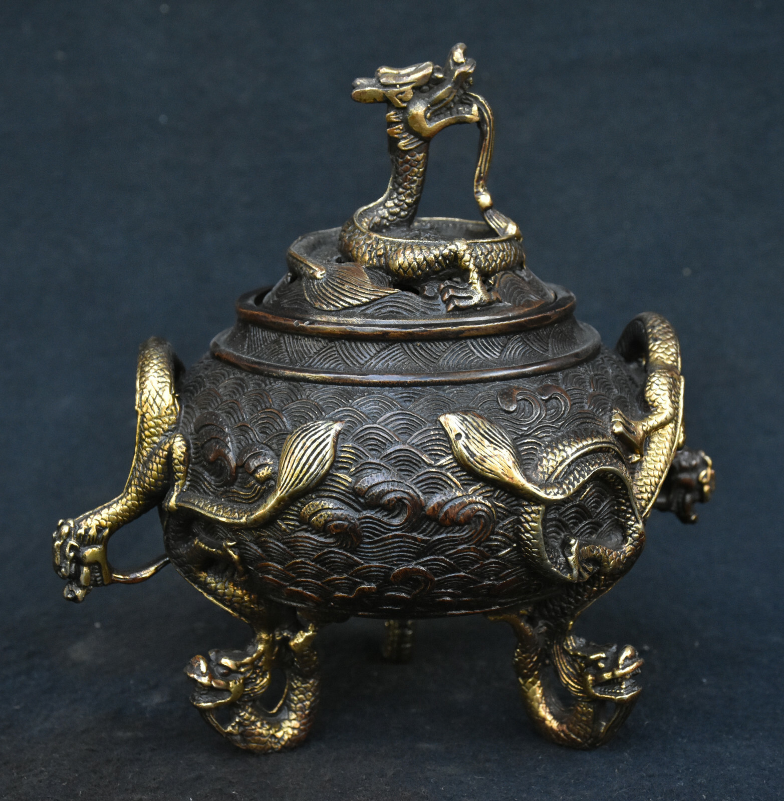Old Chinese Dynasty Bronze Gilt Animal Dragon Loong Beast Incense Burner Censer