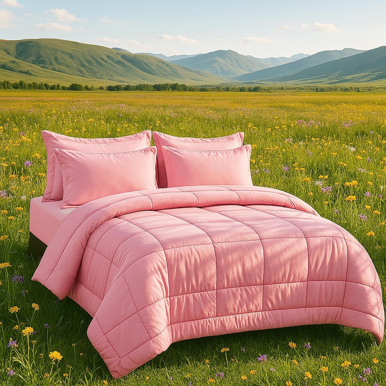 Full Size Comforter Sets, 7Pcs Full Size Bedding Sets Pink, All Season Down A...
