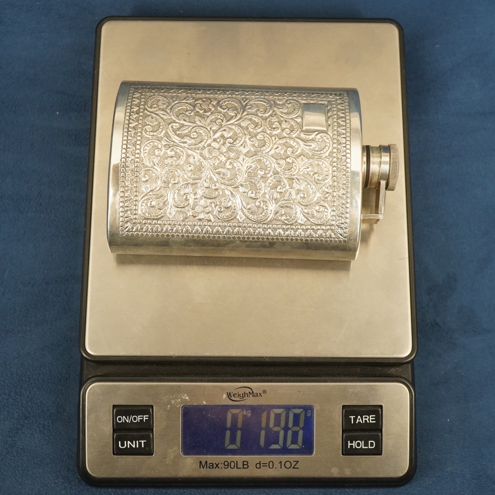 Vintage Embossed Sterling Silver Hip Flask, 196.8g - Free Shipping USA