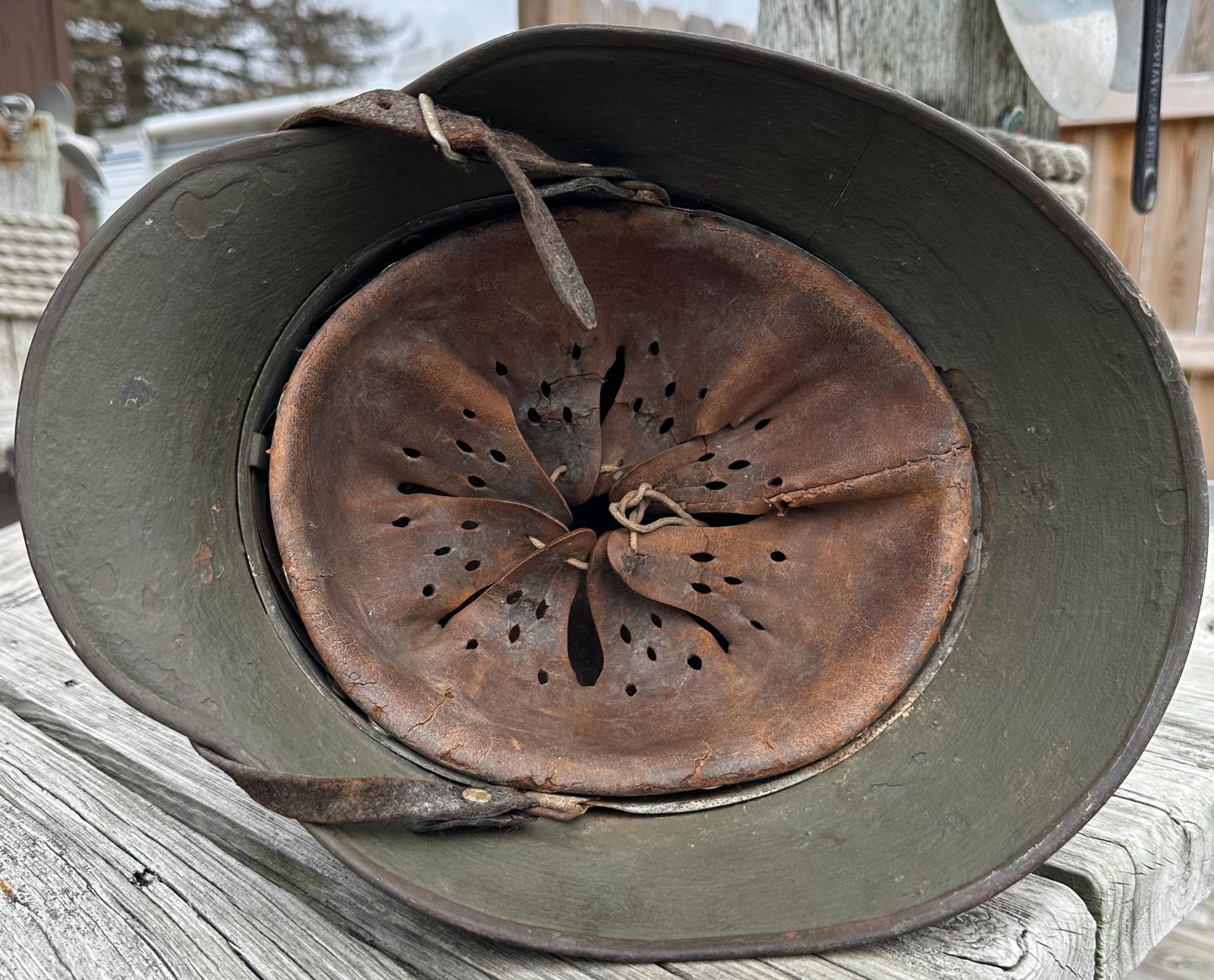 WWI WWII German M18 Combat helmet - thick camo finish - 1938 chinstrap