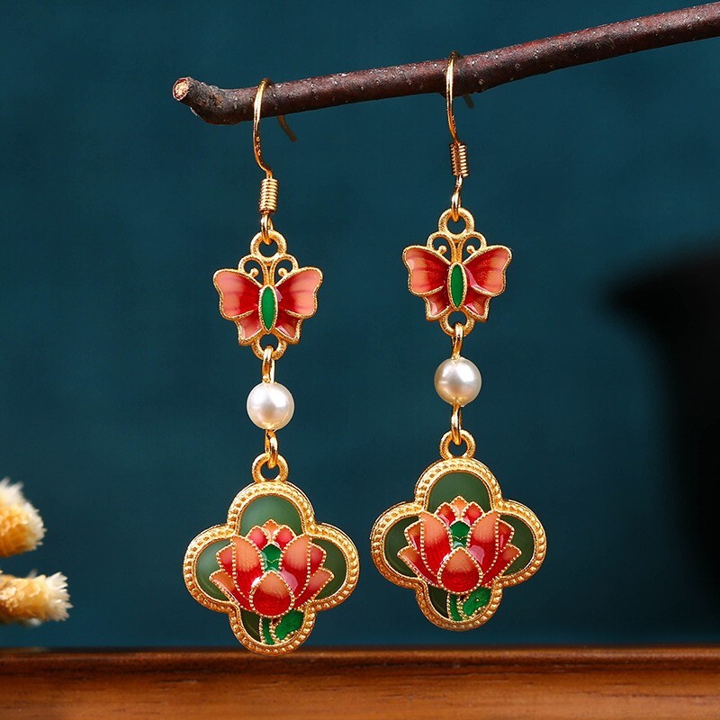 Jade Pearl Dangle Earrings Boho Butterfly Flower Dainty Gemstone 18K Gold Plated