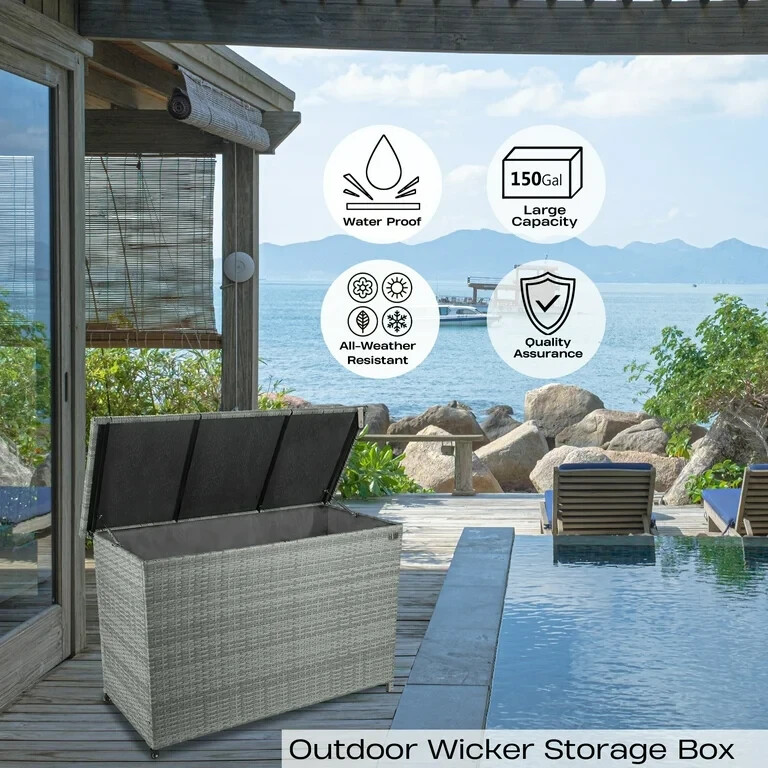 150 Gallon Outdoor Storage Deck Box Waterproof Large Patio Rattan Storage Bin GR