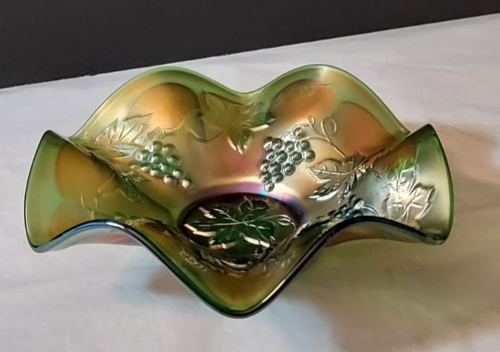 Fenton Grape and Leaves Green Iridescent Carnival Glass Bowl 1911-1918
