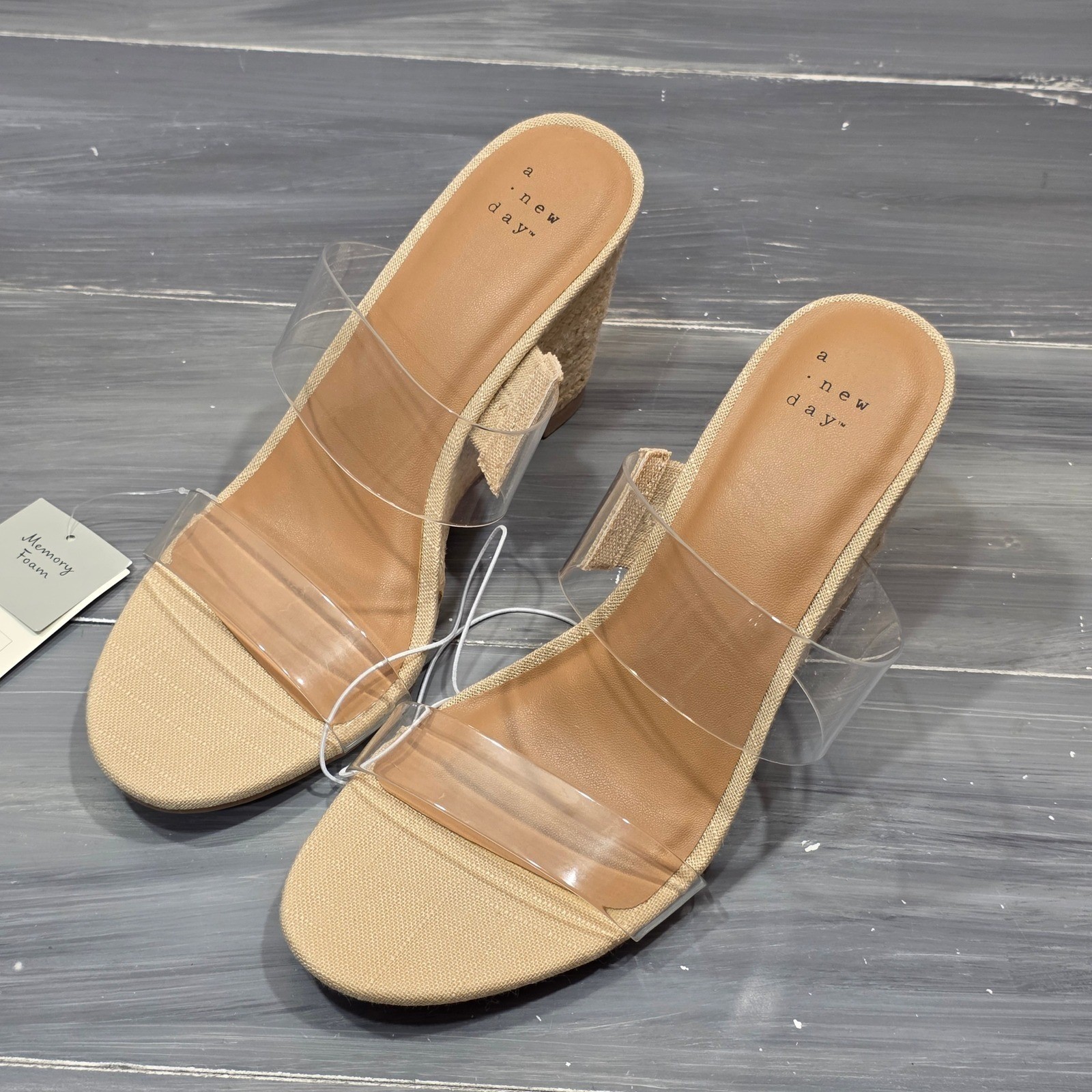 A New Day Ansel Espadrille Wedge Sandals Clear Double Strap Tan