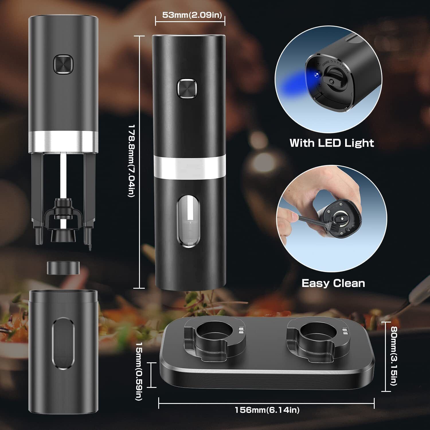 Electric Salt and Pepper Grinder Set with Rechargeable Base Mill-Adjustable