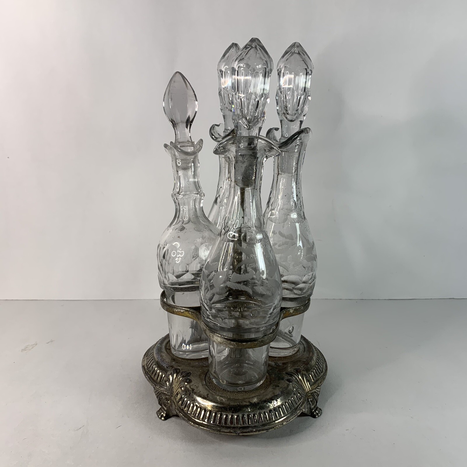Antique Victorian Silver Plated Cruet Condiment Set Caddy Etched Glass Server