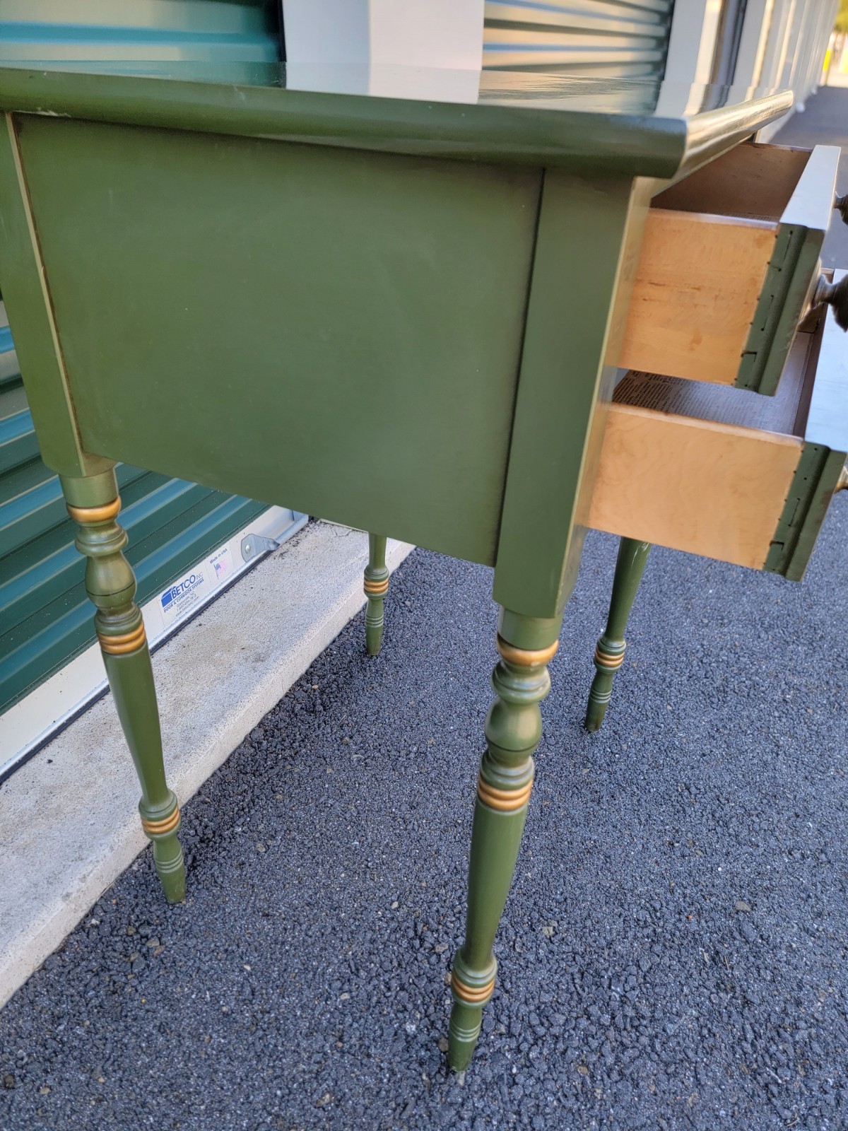 L. Hitchcock 2-drawer End/Side/Work Table Dark Green Stenciled drawers