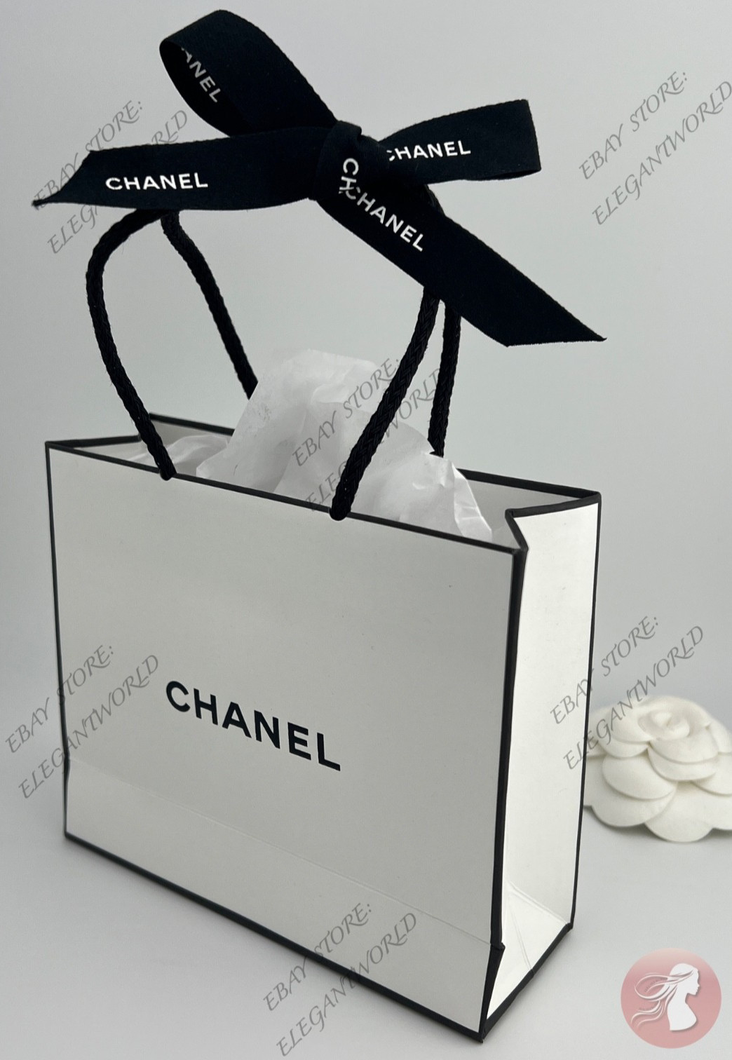 Chanel Small Empty Gift Bag White Paper Classic Black Logo L 5.5 x H 4.5 x D 2"