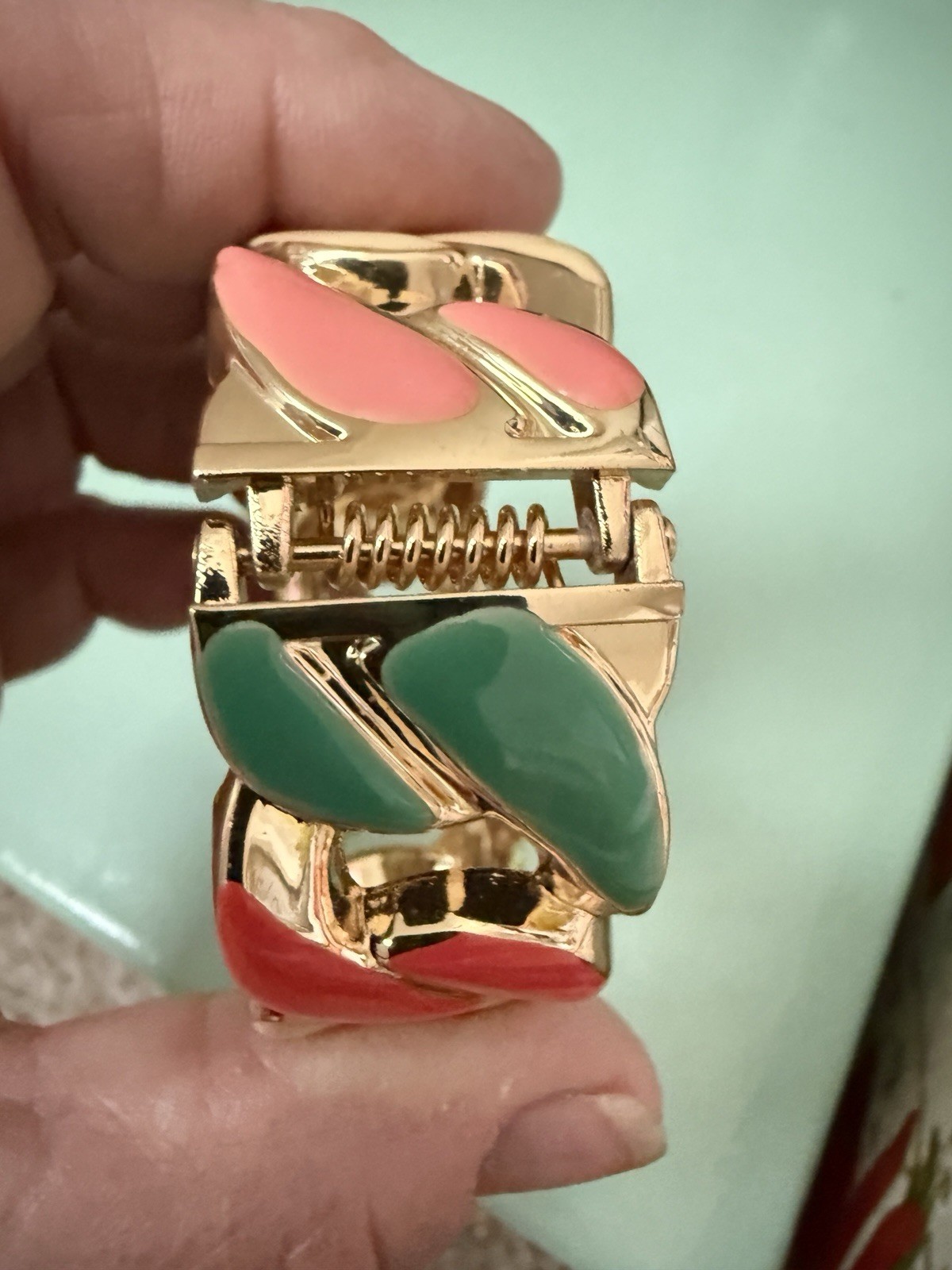 Vtg. Bracelet Gold Tone Enamel Hinged Clamp Openwork Spring colors