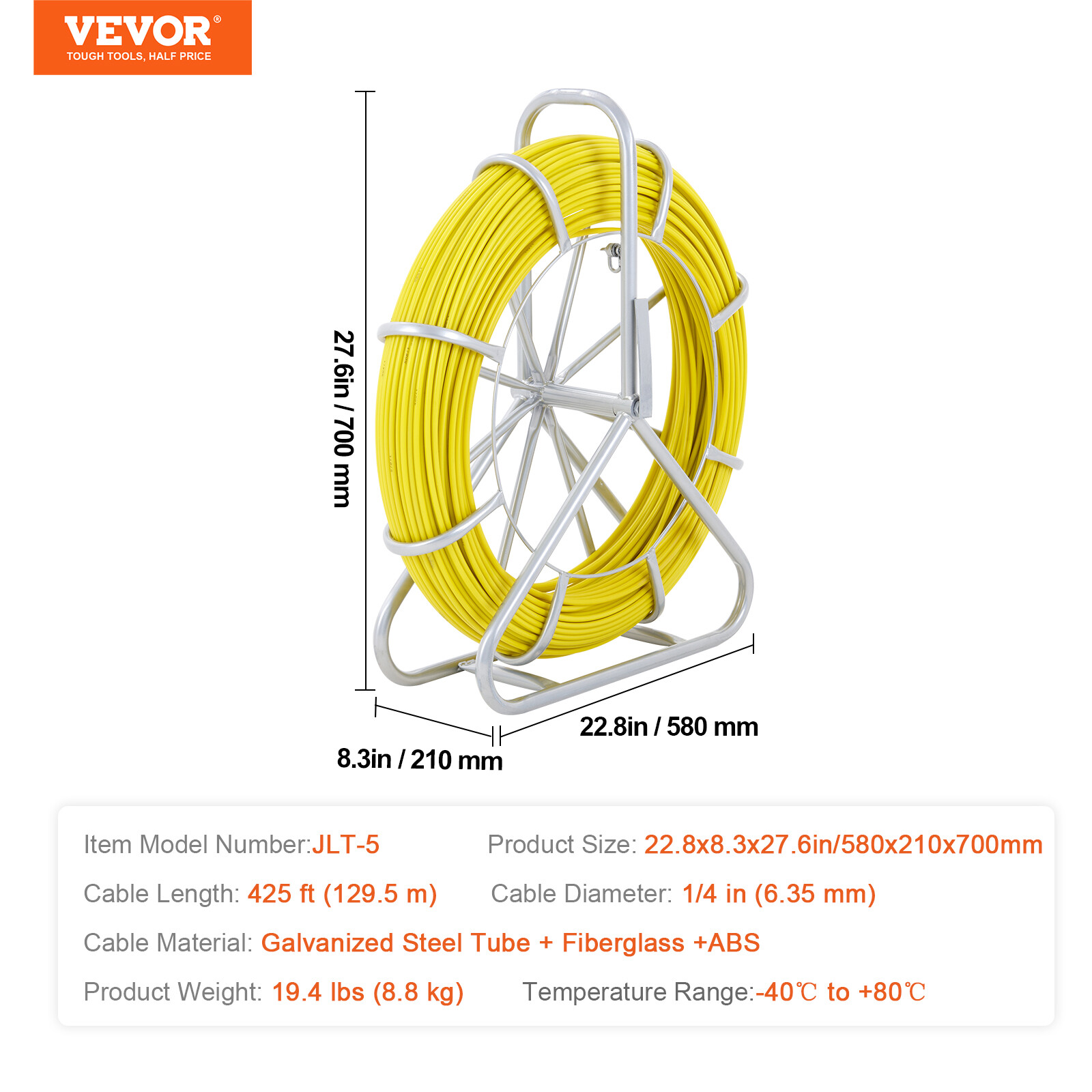 VEVOR Fish Tape Puller Fiberglass 425 ft 1/4 inch Wire Cable Running Duct Rodder