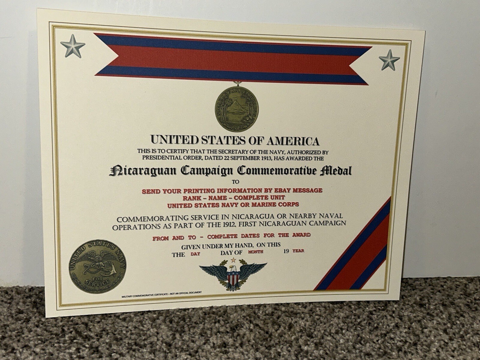 NICARAGUAN CAMPAIGN (NAVY) COMMEMORATIVE MEDAL CERTIFICATE ~ W/PRINTING TYPE-1