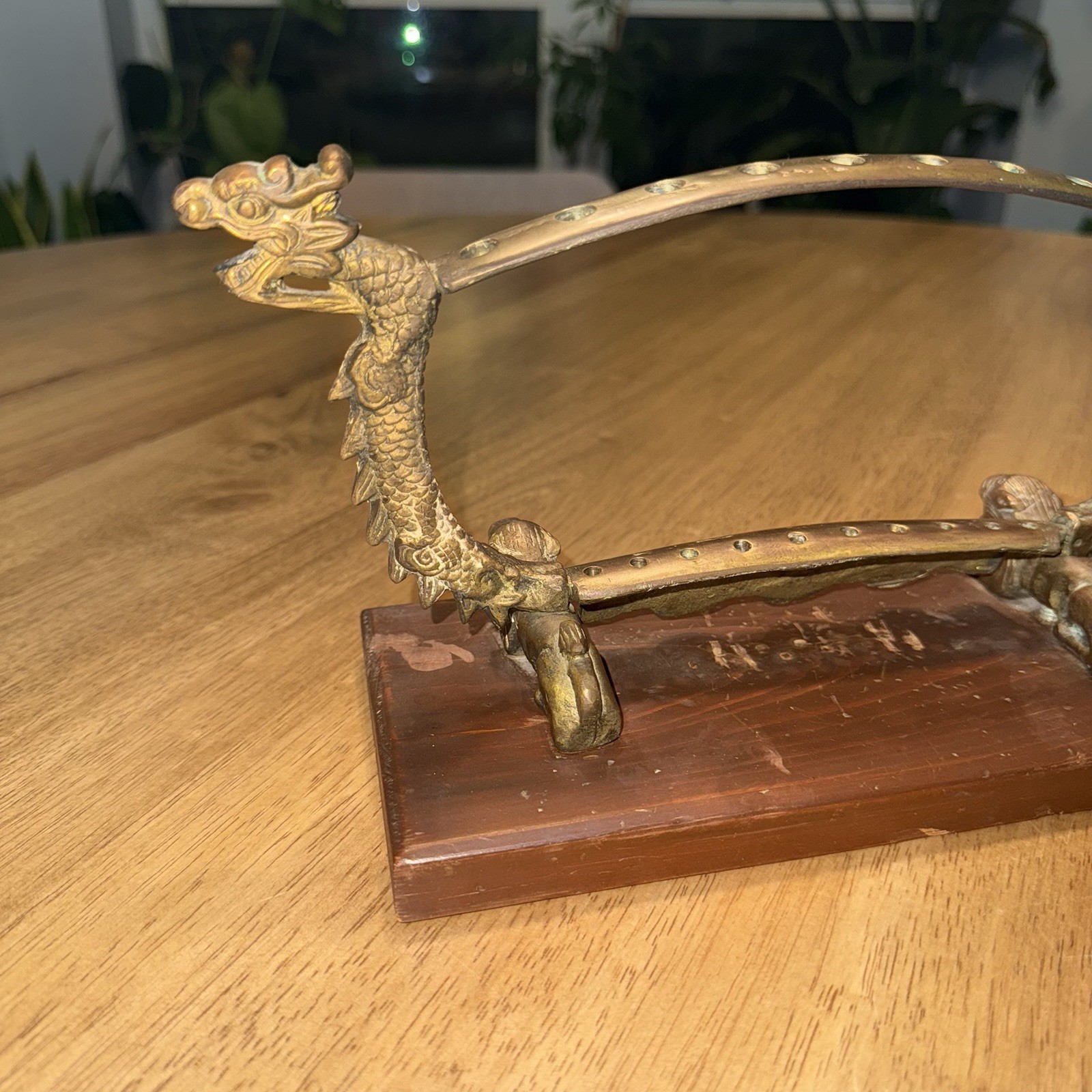 Vtg Chinese Metal Dragon Incense Burner Stand Wood Base Ornate Mythical Motif