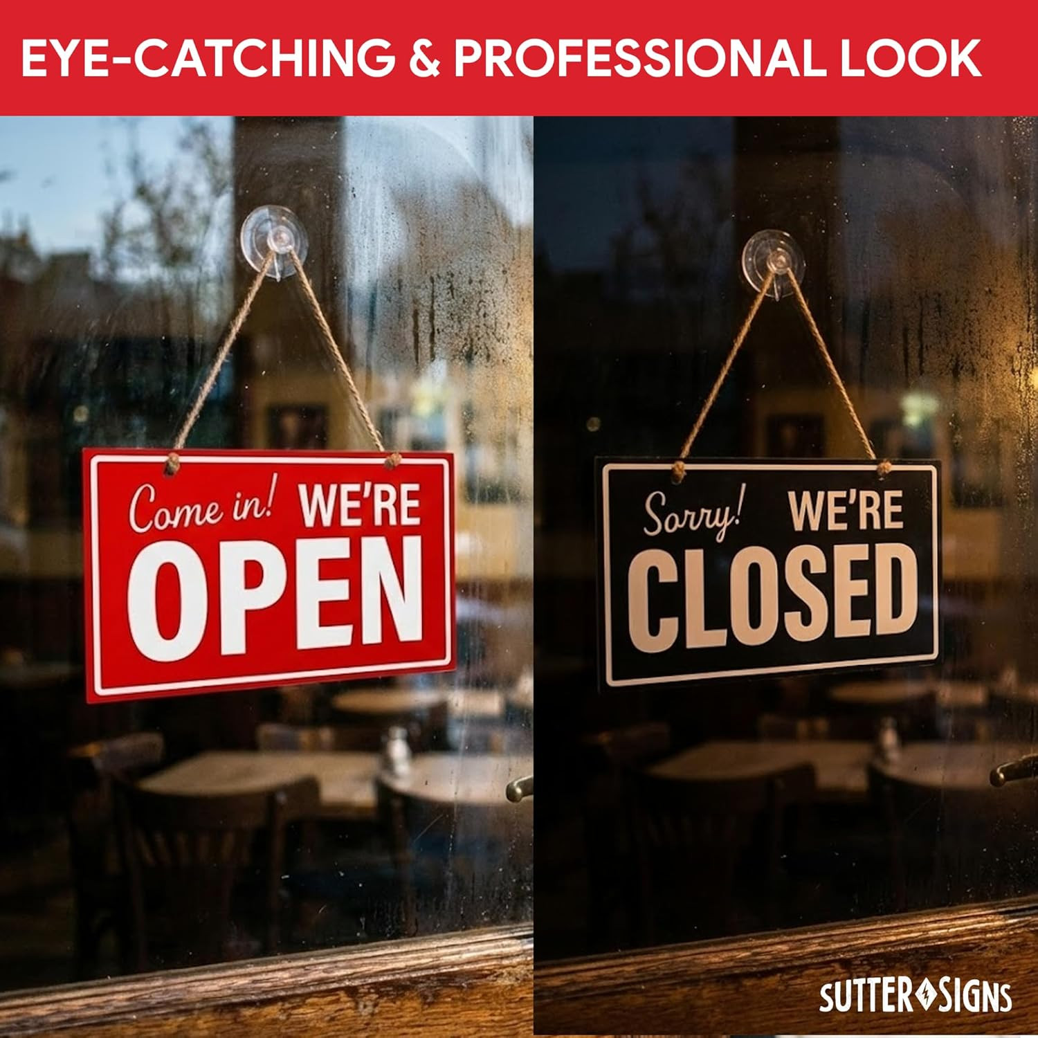 Open Closed Sign for Business, 10" X 6" Double Sided Plastic Sign with Twine, Su