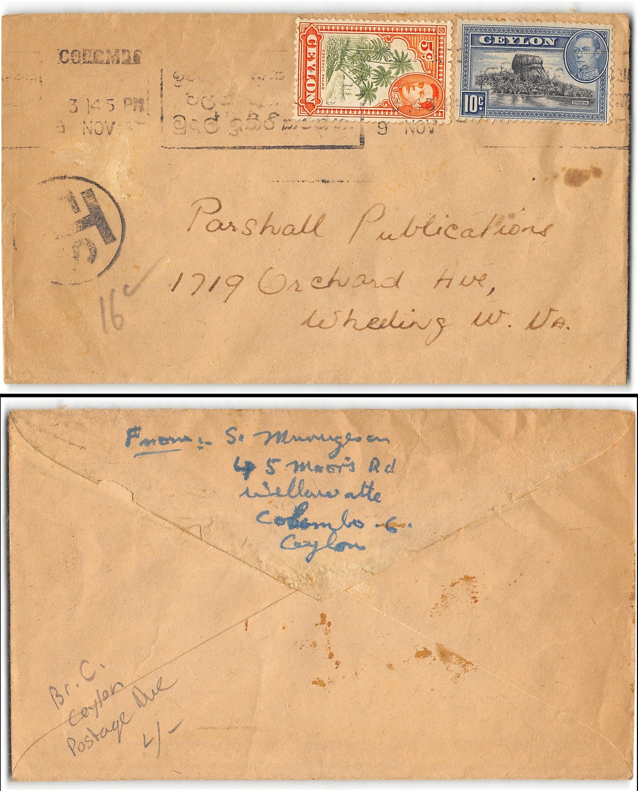 Ceylon to Wheeling WV, postage due