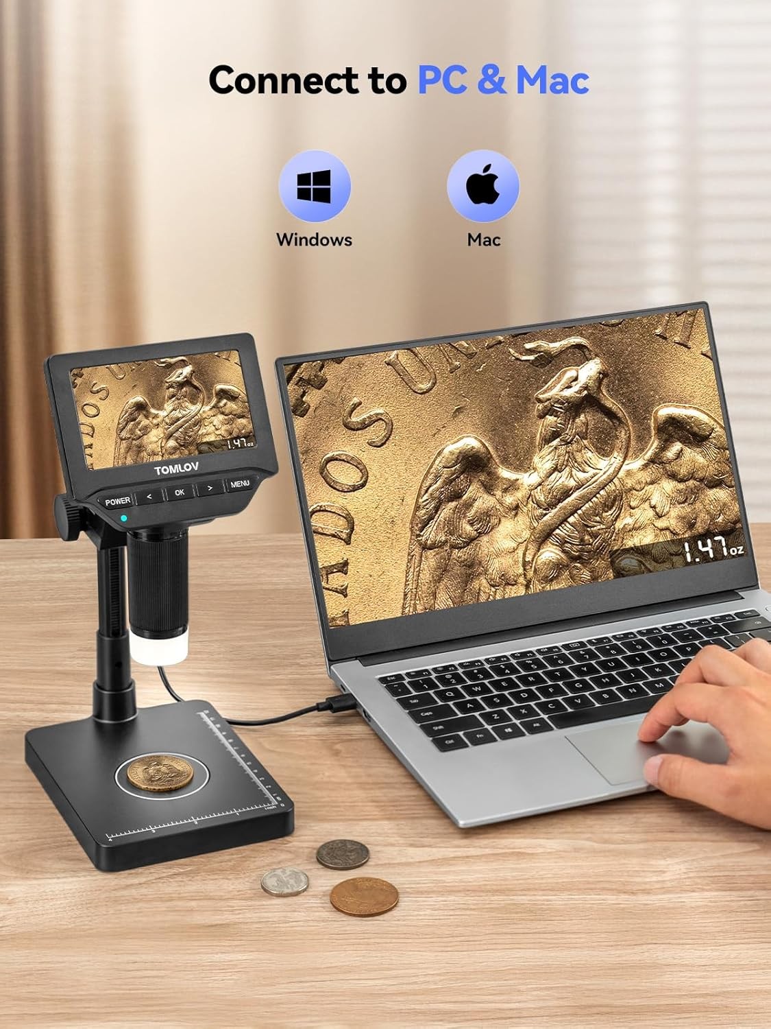 TOMLOV Digital Microscope Coin Microscope 4.3" LCD with Weighing Scale g /oz /ct