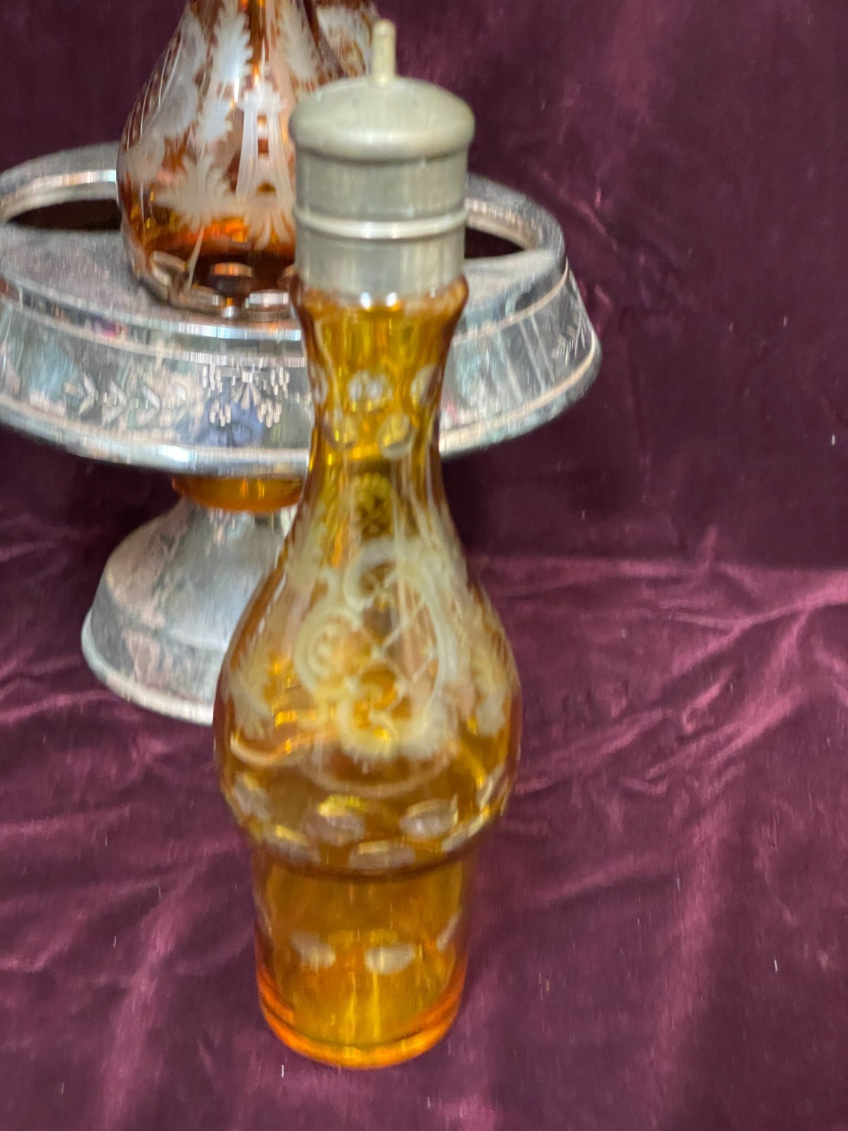 Antique 1800's Wilcox Silver Plate Cruet Condiment Set 3 Etched Amber Bottles