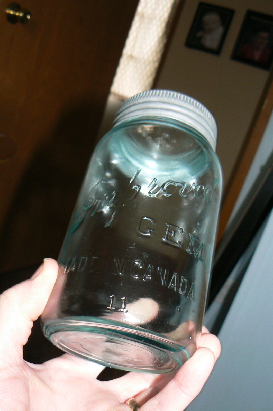 RARE 1920s Qt. Improved Gem Blue glass canning jar made by ( SDH ) from Canada,