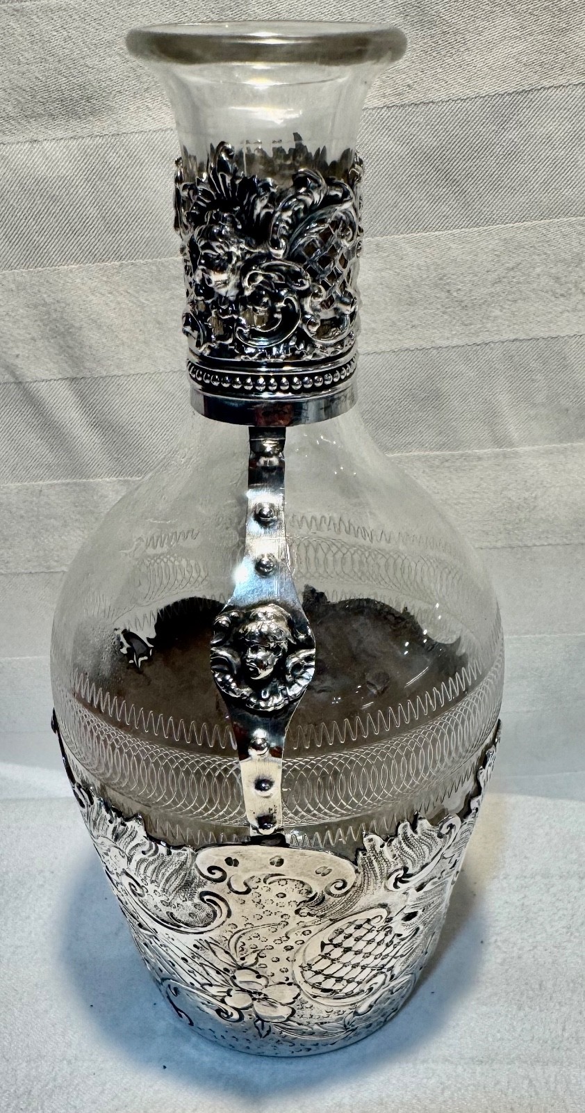 Antigue German 800 Silver Crescent & Crown Claret Jug Cut Glass Rococo c.1890