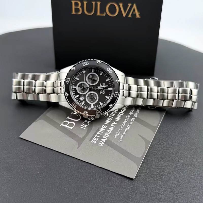 Men Bulova Classic Marine Star Black Dial Chronograph 98B401 Quartz Watch 41.5mm