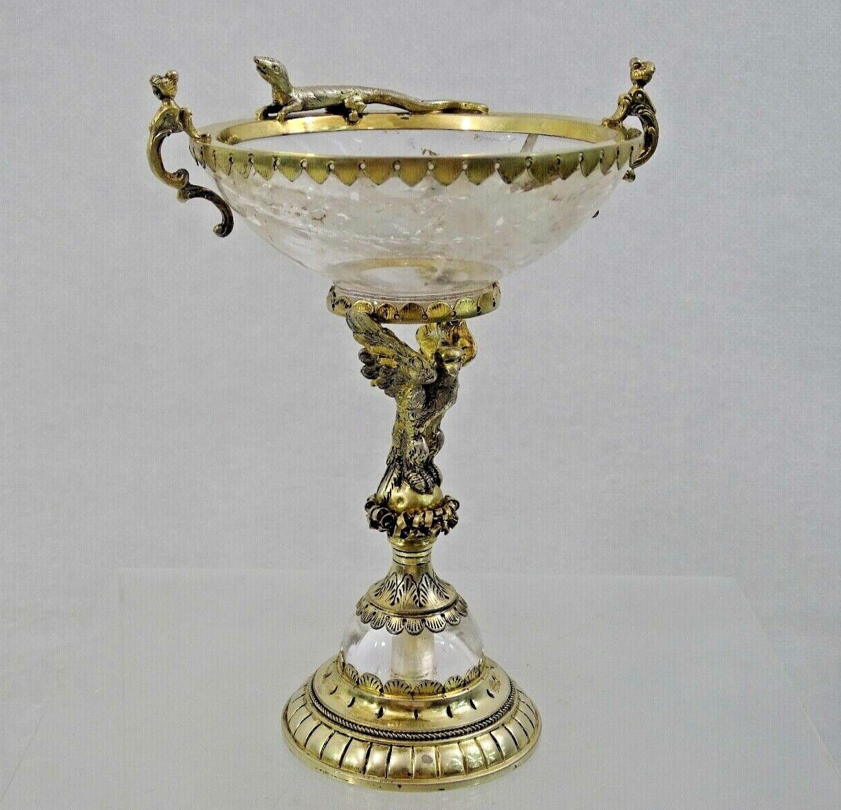 GORGEOUS SILVER - GILT / ROCK CRYSTAL TAZZA ANTIQUE GERMAN FIGURAL EAGLE LIZARD