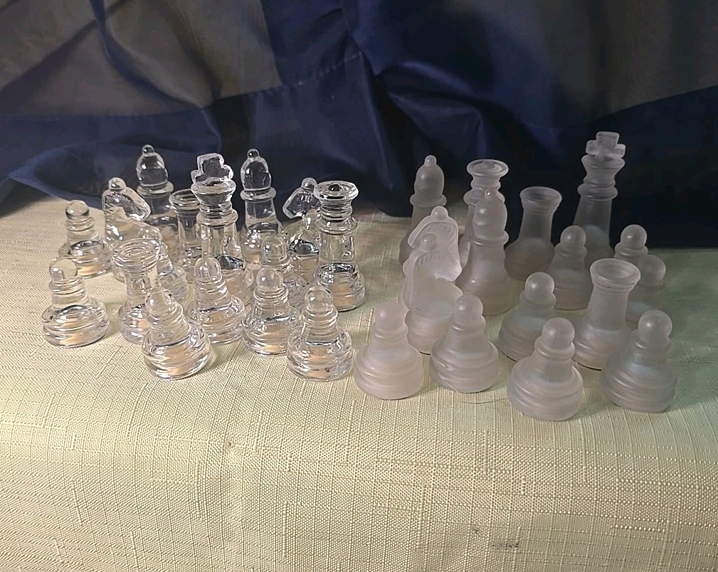 Glass Chess Pieces Frosted & Clear No Board Complete Set