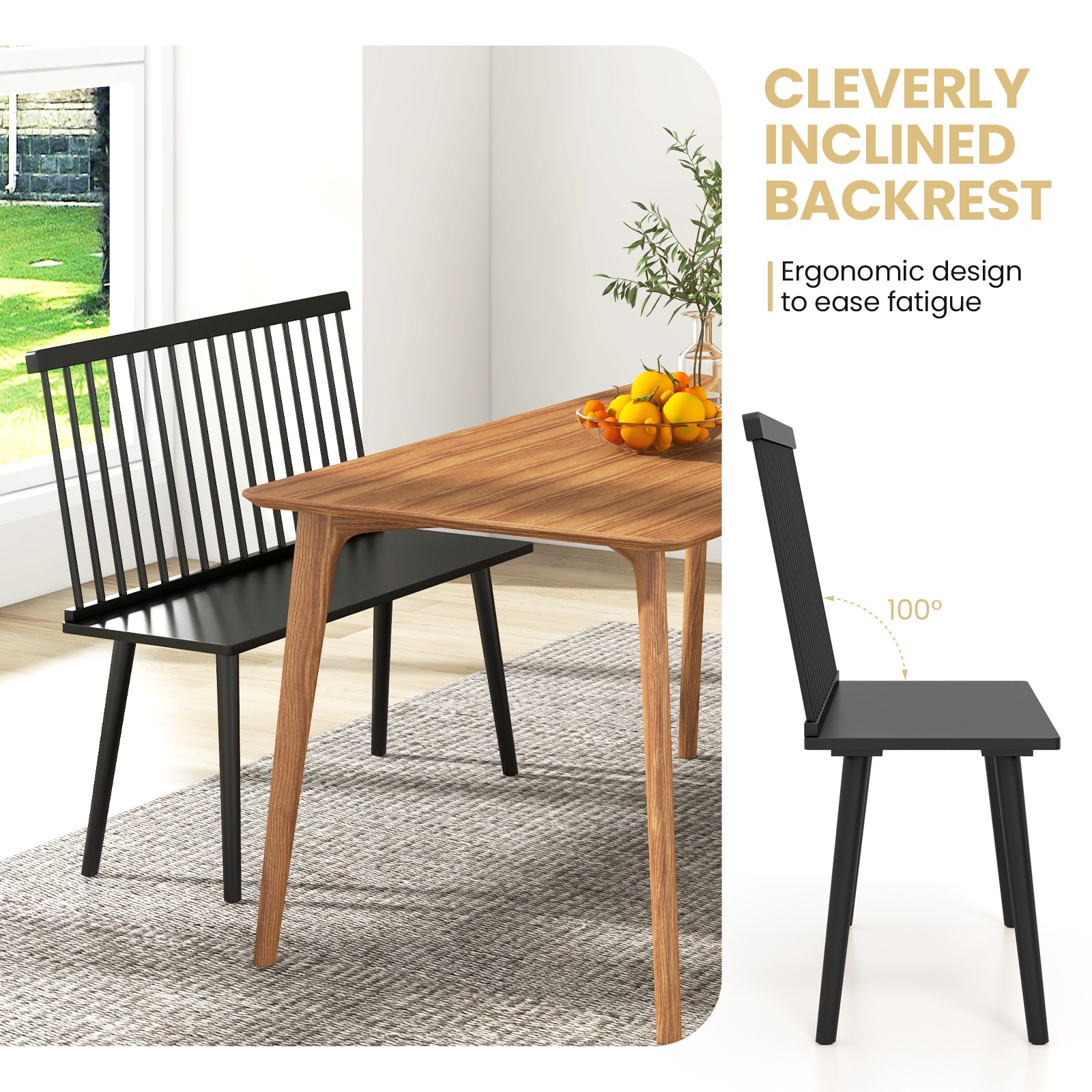 Entryway Bench for 2 Windsor Rubber Wood Dining Bench with Spindle Back Black