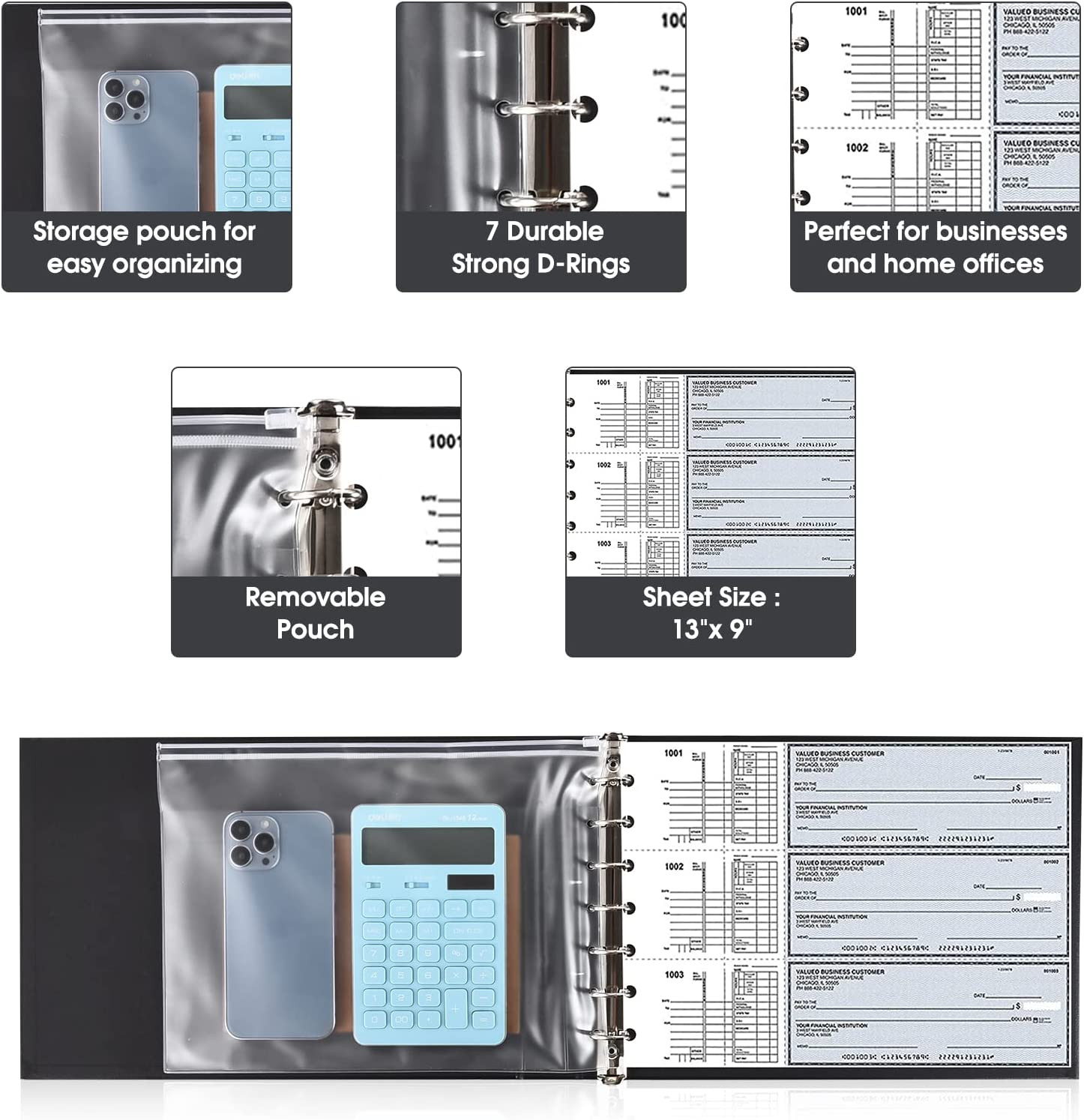 7 Ring Check Binder, 3-On-A-Page Business Checkbook Holder, 500 Checks Capacity,