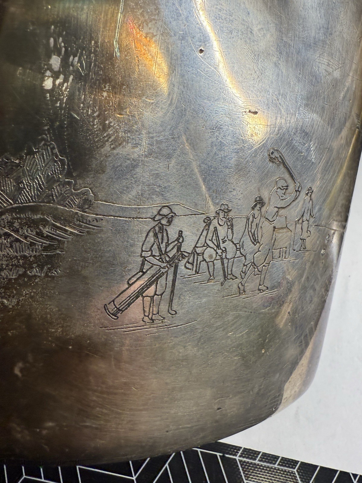 Dented / Damaged MERIDEN B SILVER PLATE Whiskey Flask - Golf Monogram