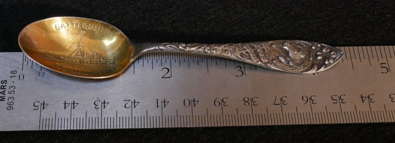 Span Am War Battleship Massachusetts Souvenir Spoon 4.5" Extra Coin Silver Plate