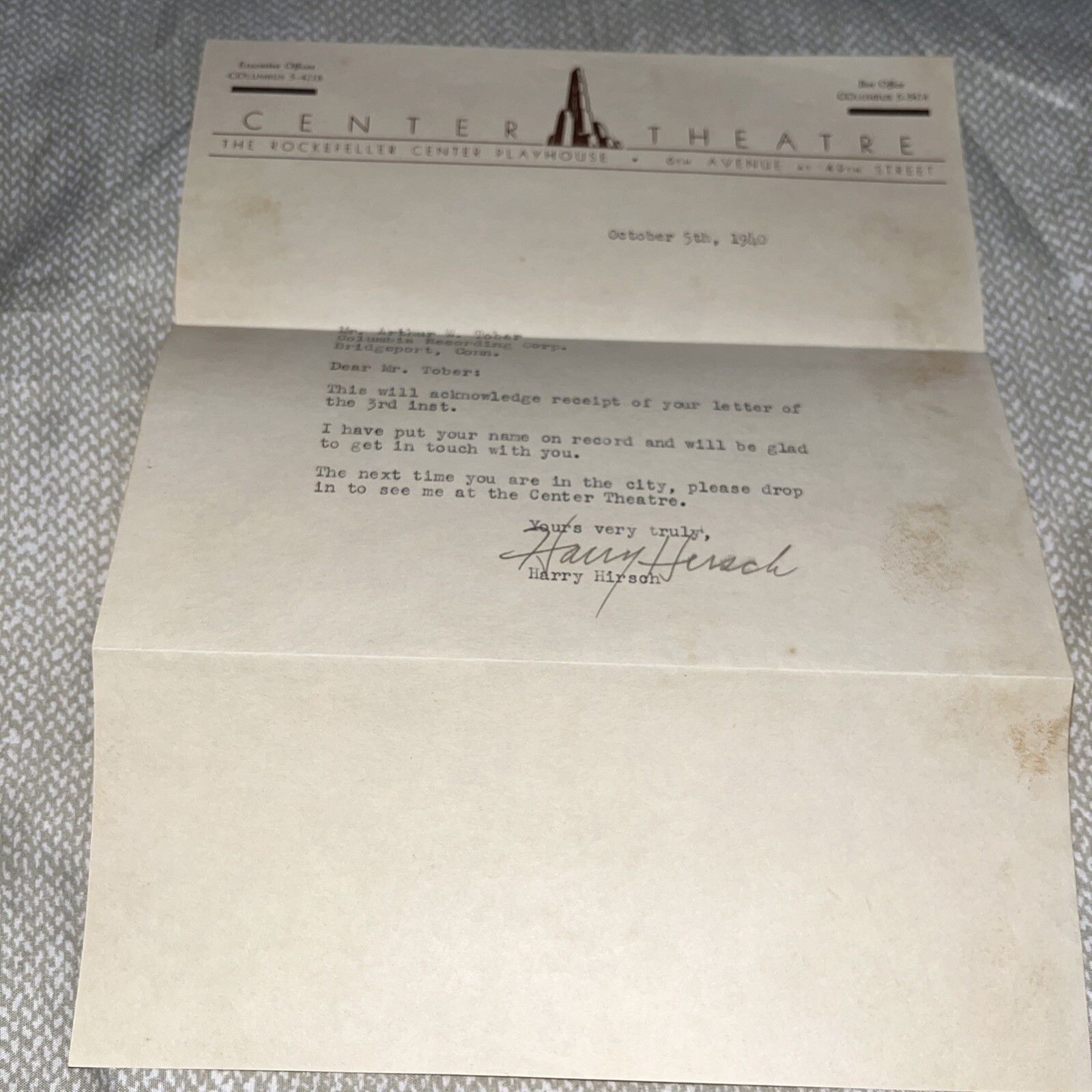1940 Letterhead: Center Theatre Rockefeller Center Playhouse New York City NY