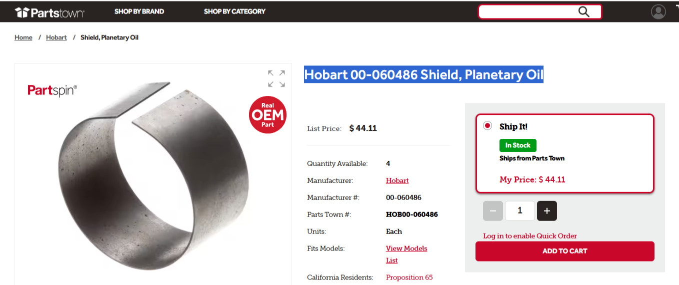 Hobart 00-060486 Shield, Planetary Oil + Free Shipping + Geniune OEM