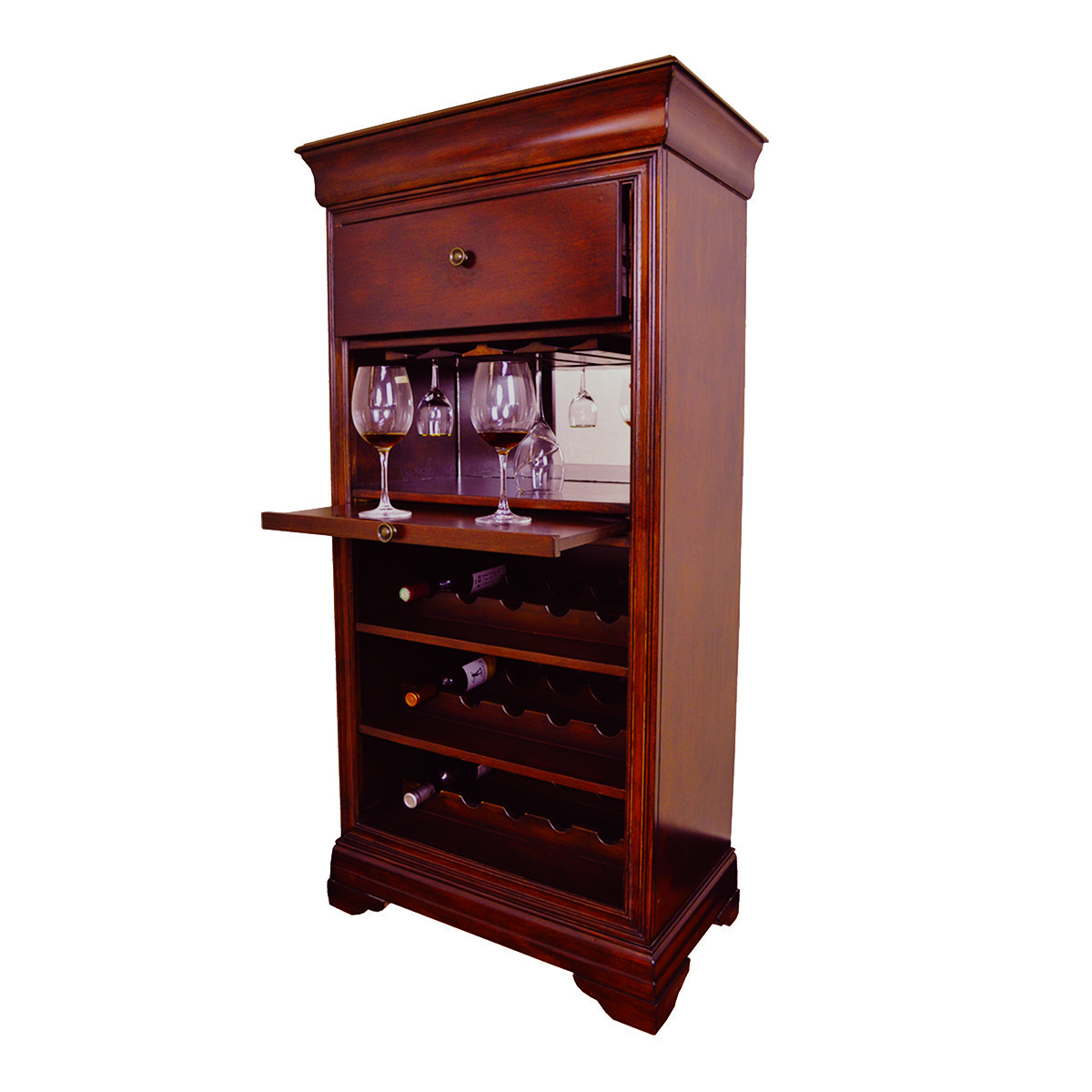 Chestnut Bar Cabinet with Wine Glass Rack and Bottle Storage