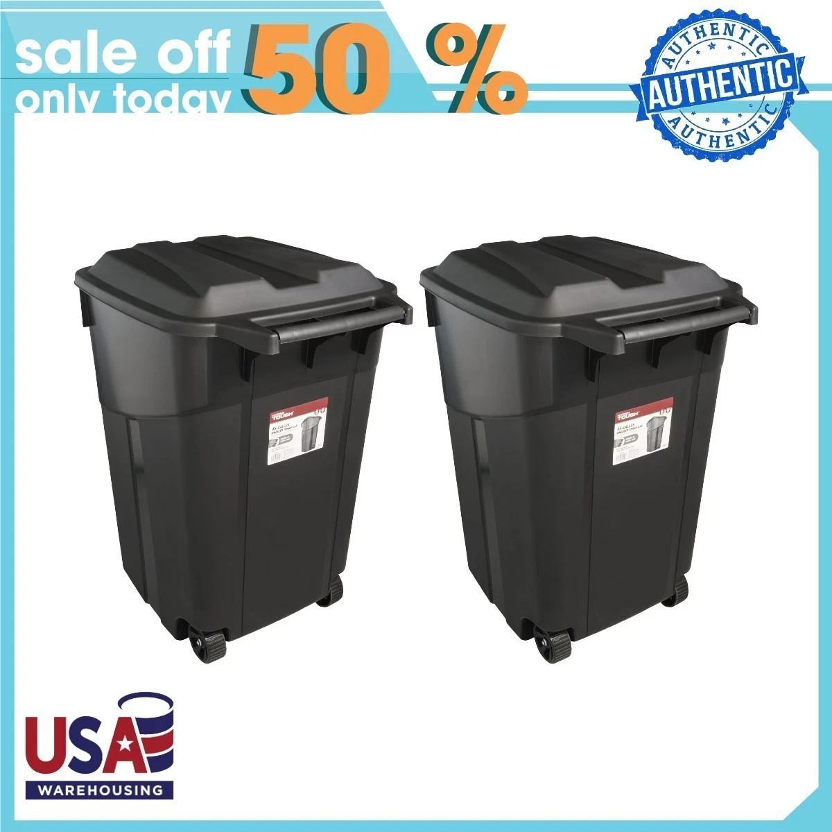(2 pack) Hyper Tough 45 Gallon Wheeled Heavy Duty Plastic Garbage Can