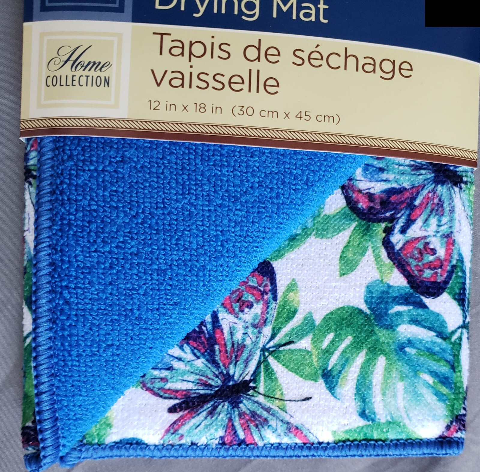 Microfiber Dish Drying Mat (12"x18") BUTTERFLIES & TROPICAL LEAVES, blue back,GR