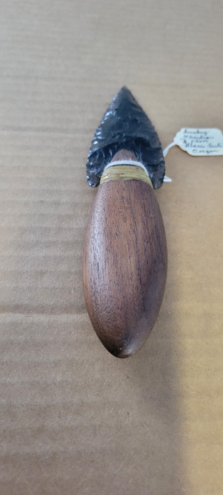 Native Amer.Smokey Obsidian Stone Knife Wood Handle Oregon Dbl. Edge Translucent