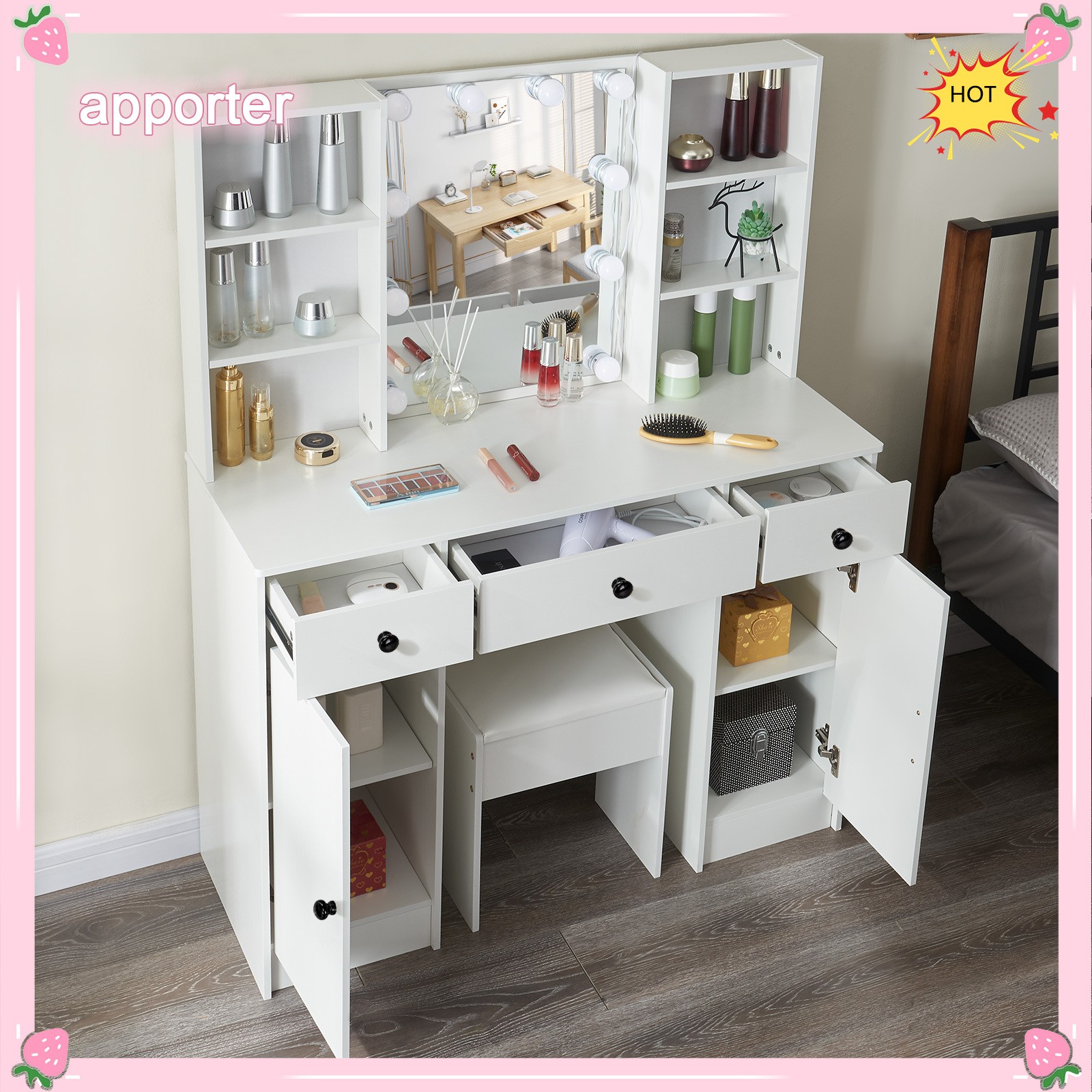 Large Dressing Table 5 Drawer Makeup Desk Dresser w/ LED Mirror and Stool
