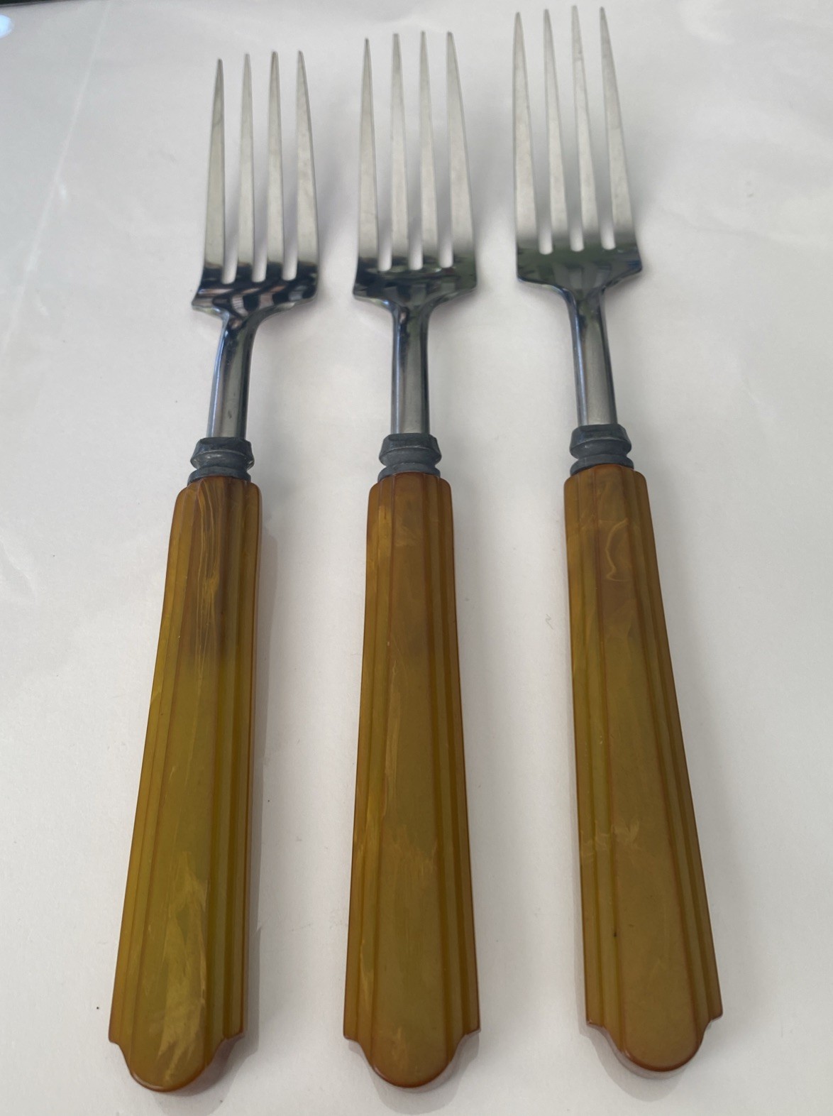 HTF Vintage Bakelite FORKS Flatware Utensils 3 Pc. Butterscotch Stainless Steel