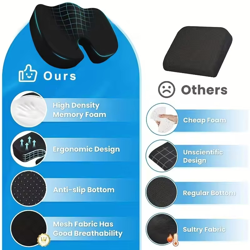 Memory Foam Seat Cushion Office Chair Car Seat Pad Coccyx Tailbone Pain Relief