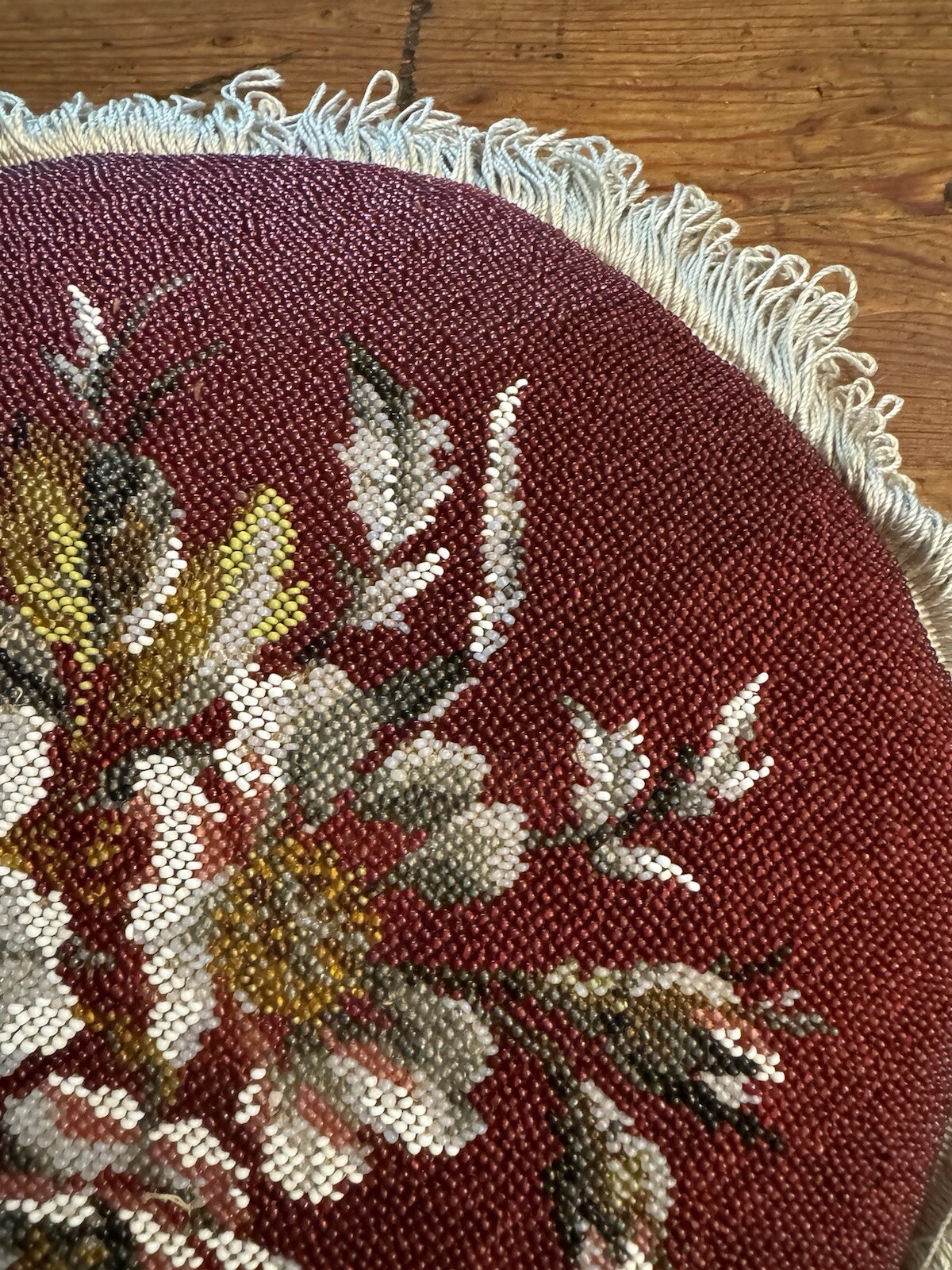 Victorian UK Embroidered & Beaded 13” Chair Seat Cushion w/ Purple Velvet Bottom