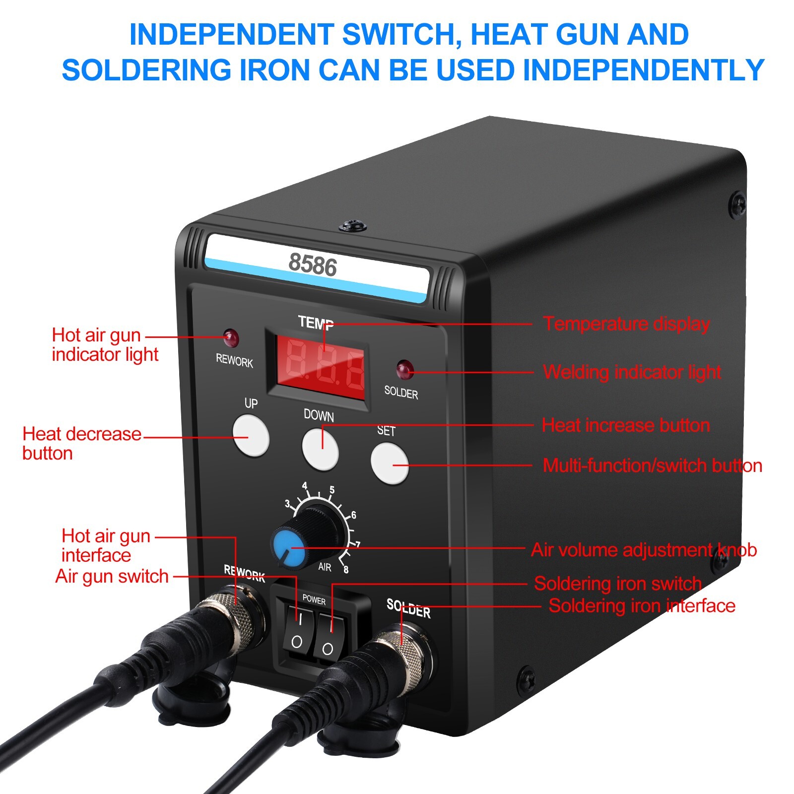 2-in-1 Rework Soldering Station 8586 Hot Air Gun Solder Iron Repair Tool 110V US