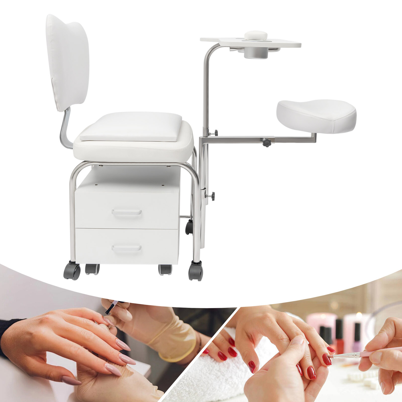 Manicure Pedicure Chair Nail Table Trolley, Adjustable Nail Desk Workstation