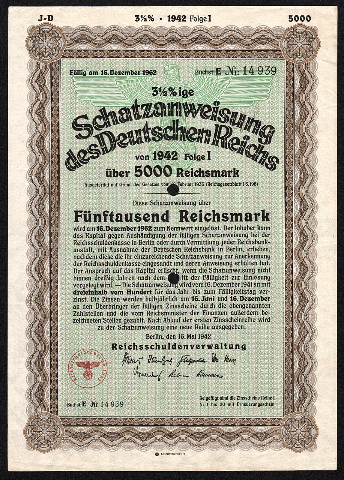 1942 Nazi Germany: Schatzanweisung des Deutschen Reichs 5000 Reichsmark Bond