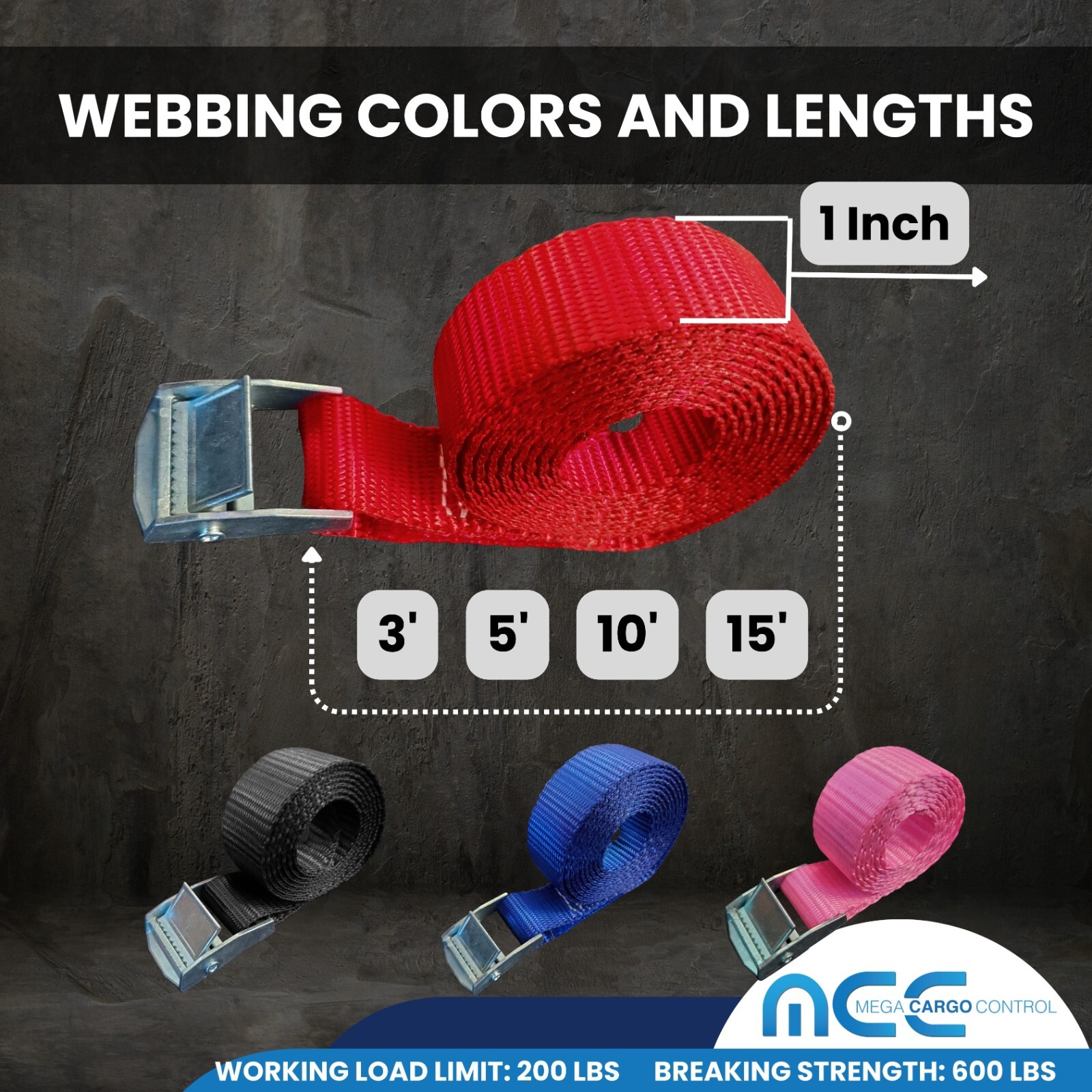 USA 1" x 3'- 15' Endless Cargo Lashing Strap w/Cam Buckle for Motorcycle Bicycle