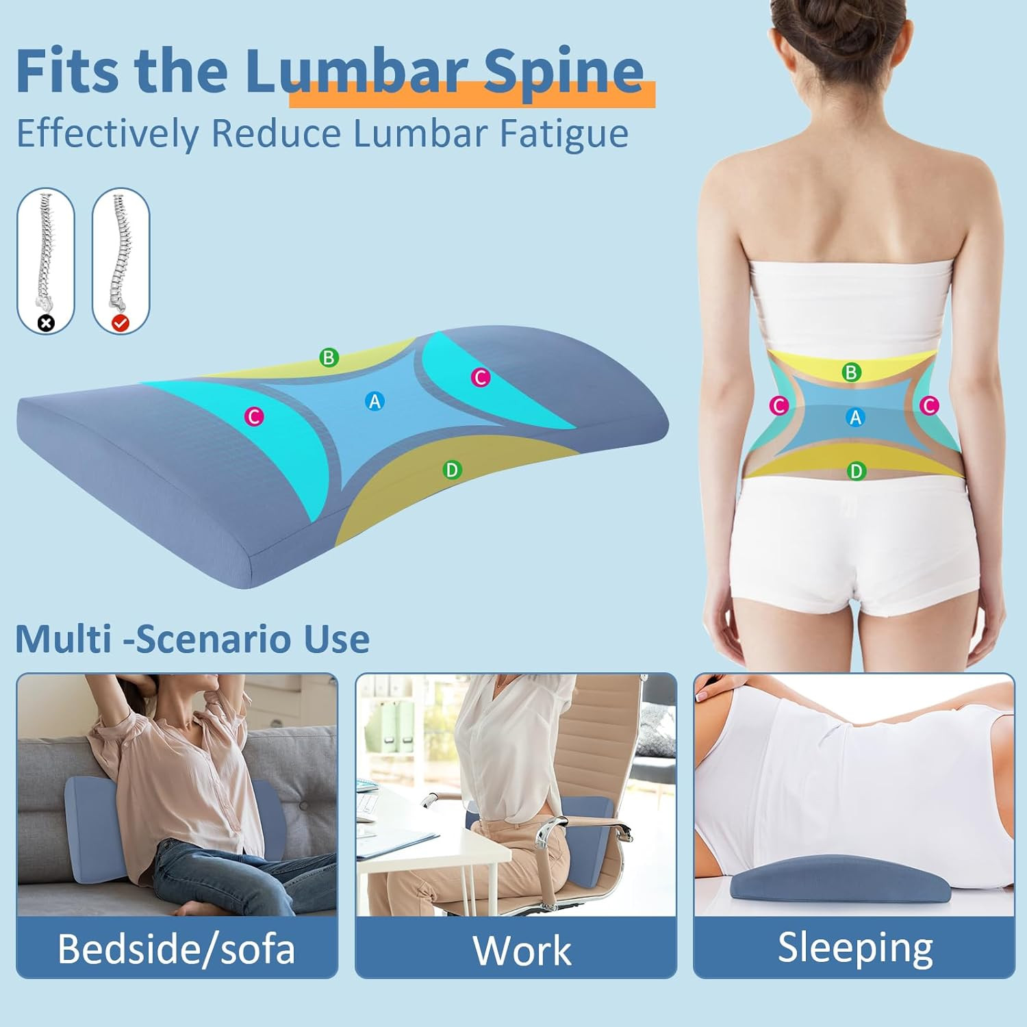 Lumbar Support Pillow for Bed: Memory Foam Lower Back Pain Relief Pillow for Sle