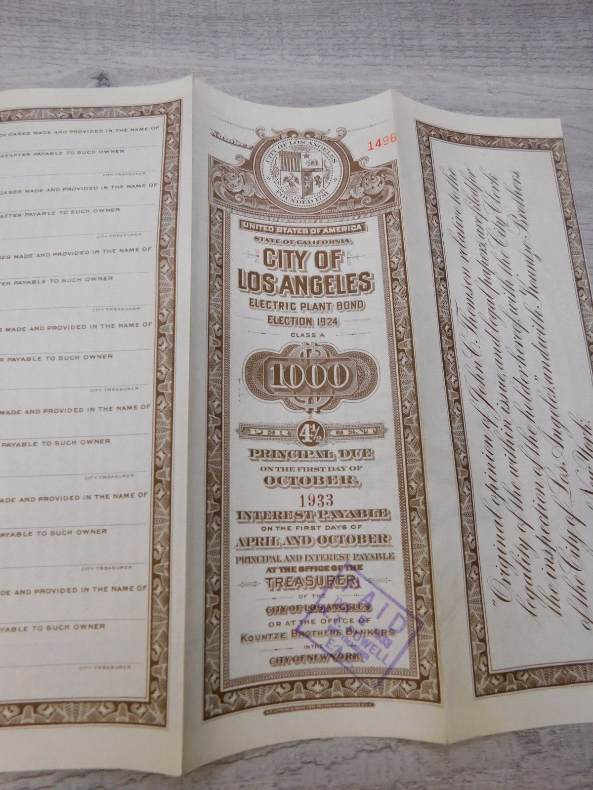 Vintage 1933 California City of Los Angeles Electric Plant Bond Election No 1496