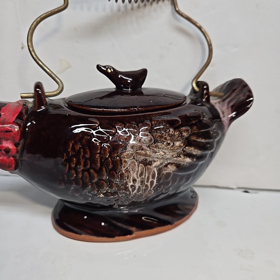 Vintage 1950's Redware Bird Shaped Teapot with Metal Spirl Handle 10in Long