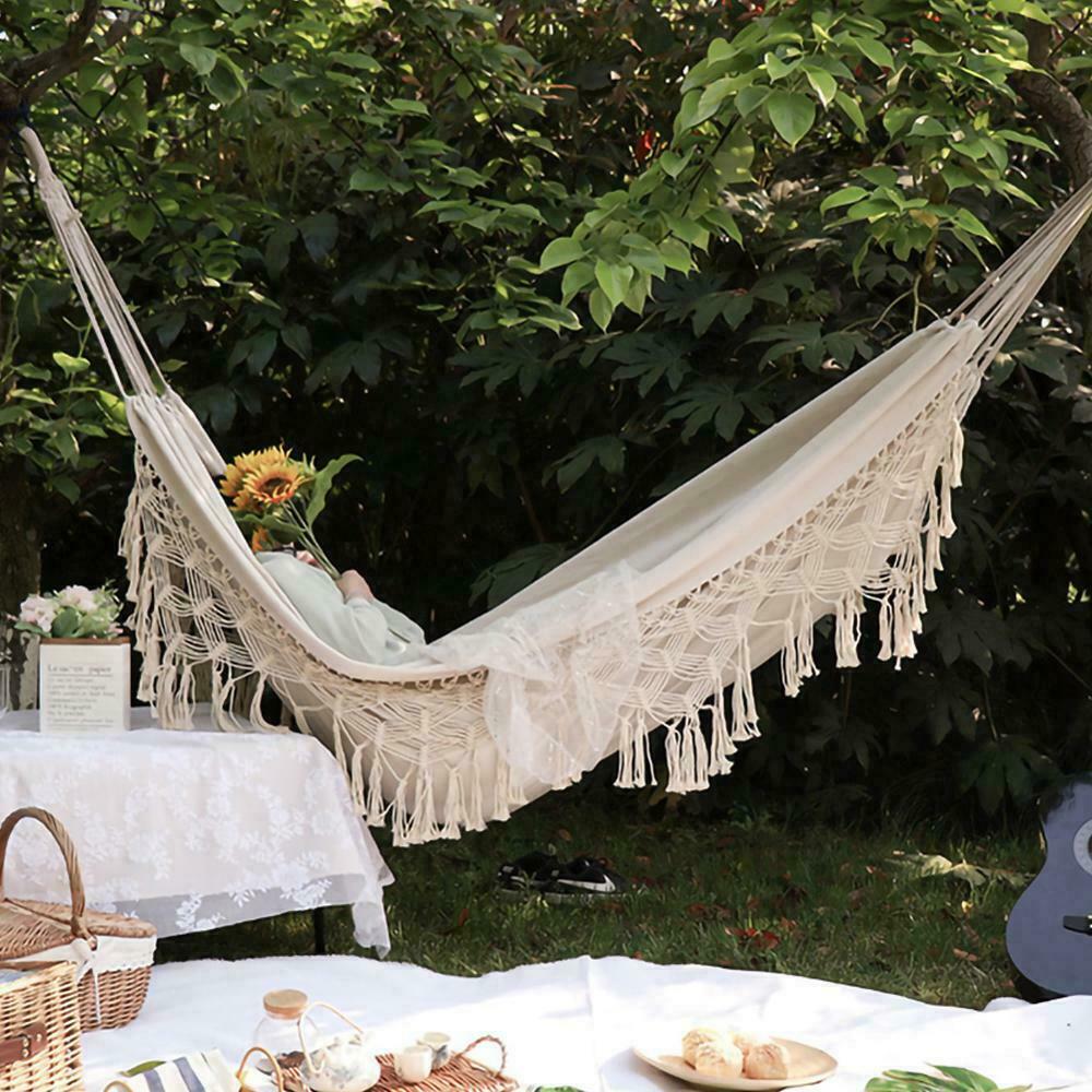 Boho Tassel Nest Hammock Swing Chair Bed Brazilian Macrame Fringed Net 2 Person