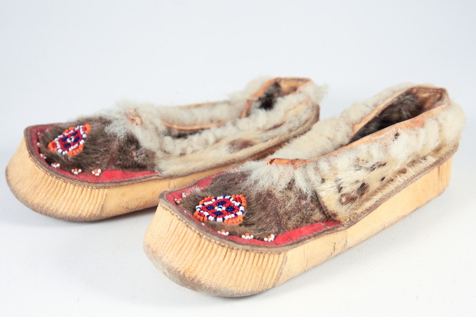 Vintage Native American Inuit Indian Bead Leather Fur Moccasins Mukluks 20th C.