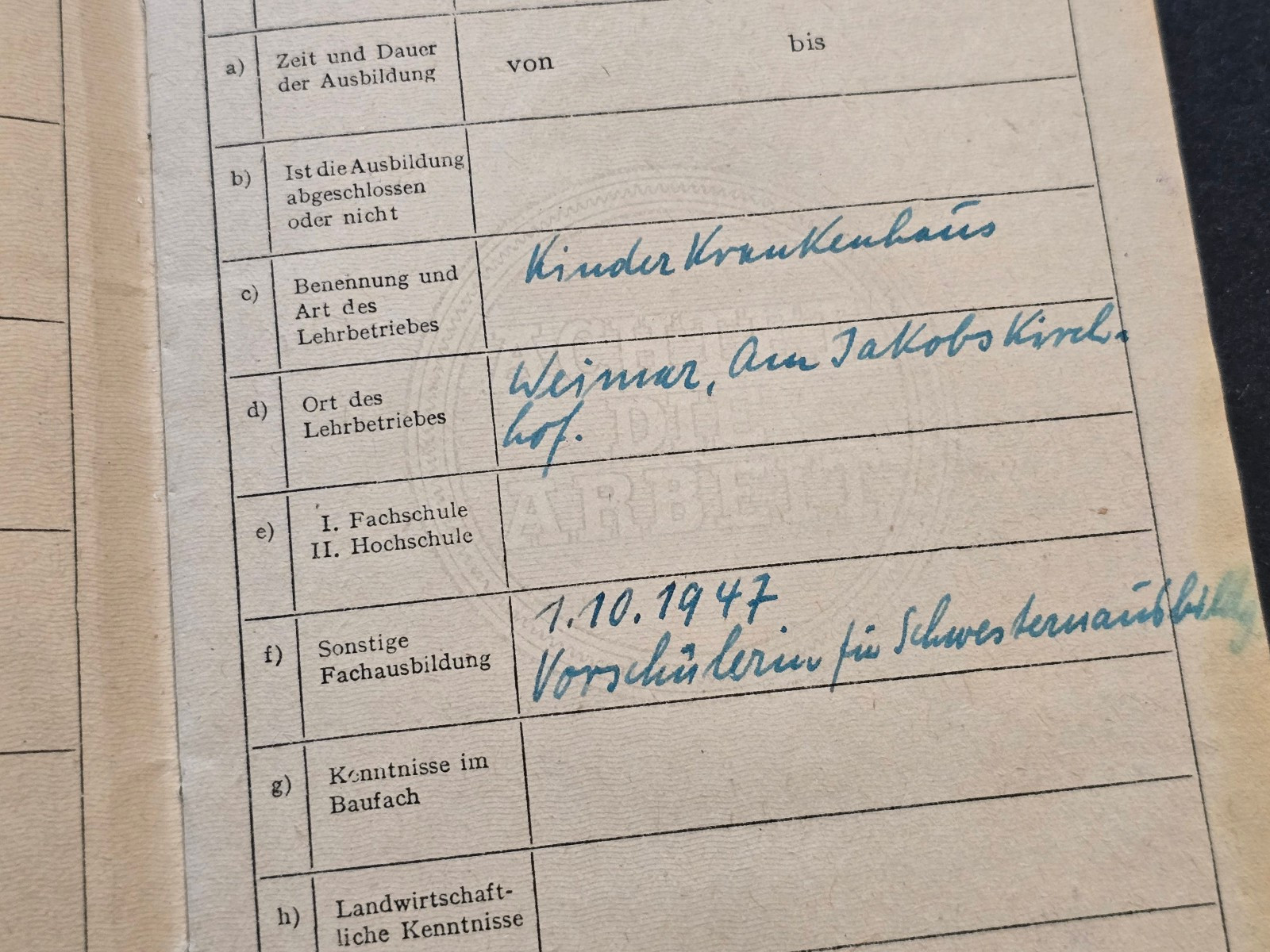 Post WWII WW2 German Arbeitsbuch ID w Photo Female Work Book